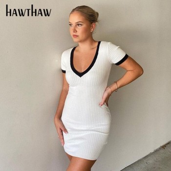 Women Summer V Neck Short Sleeve Knitted Bodycon White Slim Package Hip Mini Dress